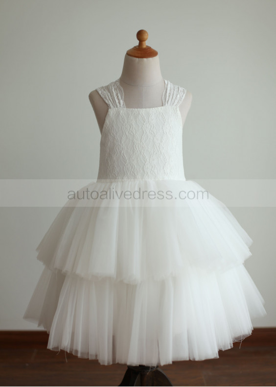 Ivory Lace Tutu Tulle Tea Length Flower Girl Dress